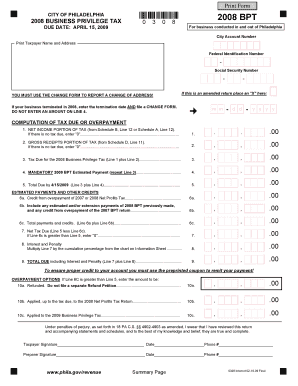 2008 Philadelphia Business Privilege Tax Form