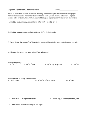 Algebra 2 Semester 2 Review Packet