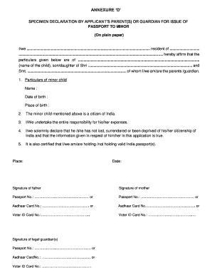 SPECIMEN DECLARATION BY APPLICANTS PARENT(S) OR GUARDIAN FOR ISSUE OF