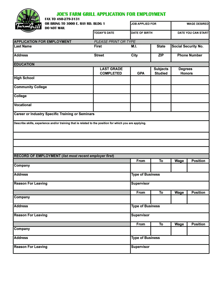 Fillable Online JOE'S FARM GRILL APPLICATION FOR EMPLOYMENT Fax Email