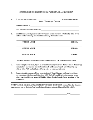 Statement of Residence by Parent/Legal Guardian