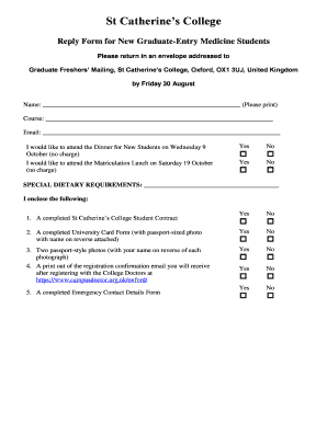 Reply Form for New Graduate-Entry Medicine Students