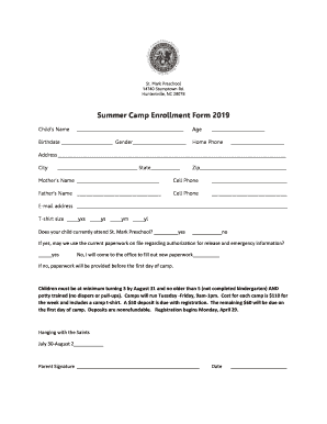 Summer Camp Enrollment Form 2019 - stmarknc.org
