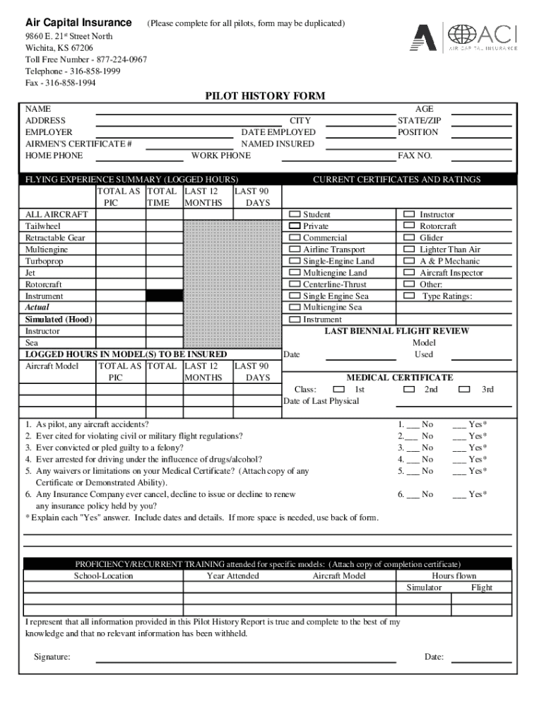 KS Air Capital Insurance Pilot History Form Preview on Page 1