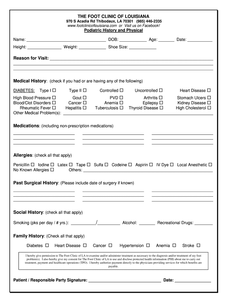 Fillable Online THE FOOT CLINIC OF LOUISIANA 970 S Acadia Rd Thibodaux