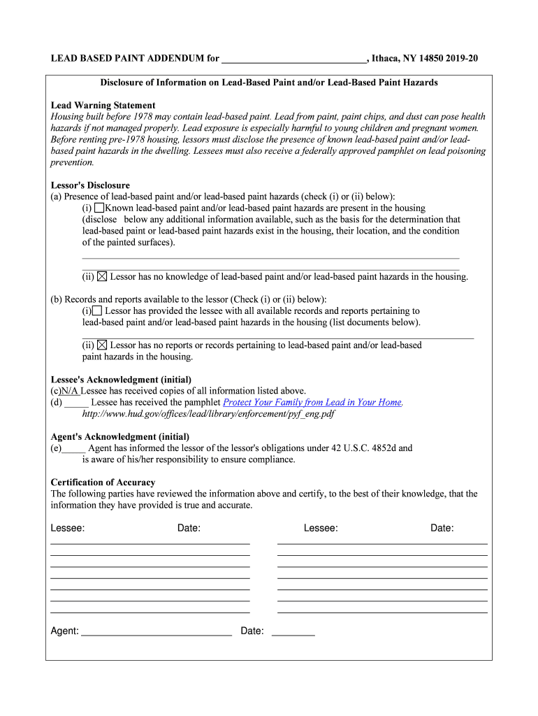Fillable Online LEAD BASED PAINT ADDENDUM for , Ithaca, NY 14850 2019