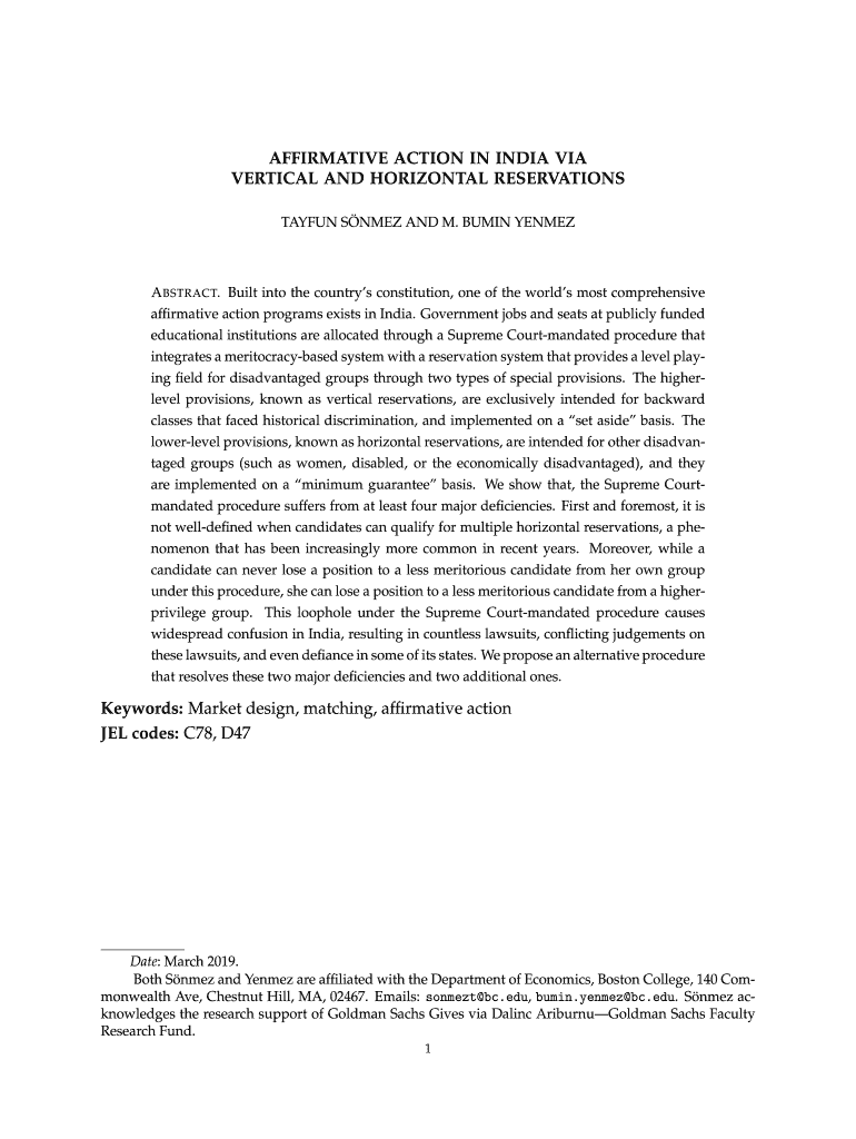 Fillable Online www2 bc Affirmative Action in India via Vertical and