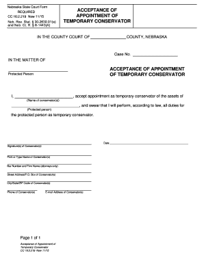 Nebraska Temporary Conservator Acceptance Form