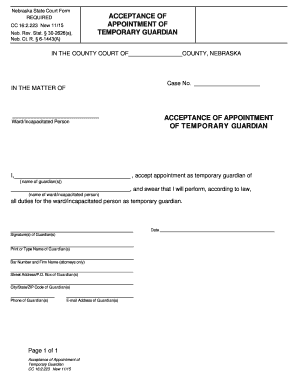 Nebraska Temporary Guardian Acceptance Form