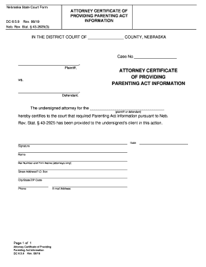 Nebraska Attorney Certificate of Providing Parenting Act Information