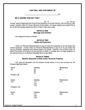 Texas Legal Last Will and Testament Form for Single Person with No Children