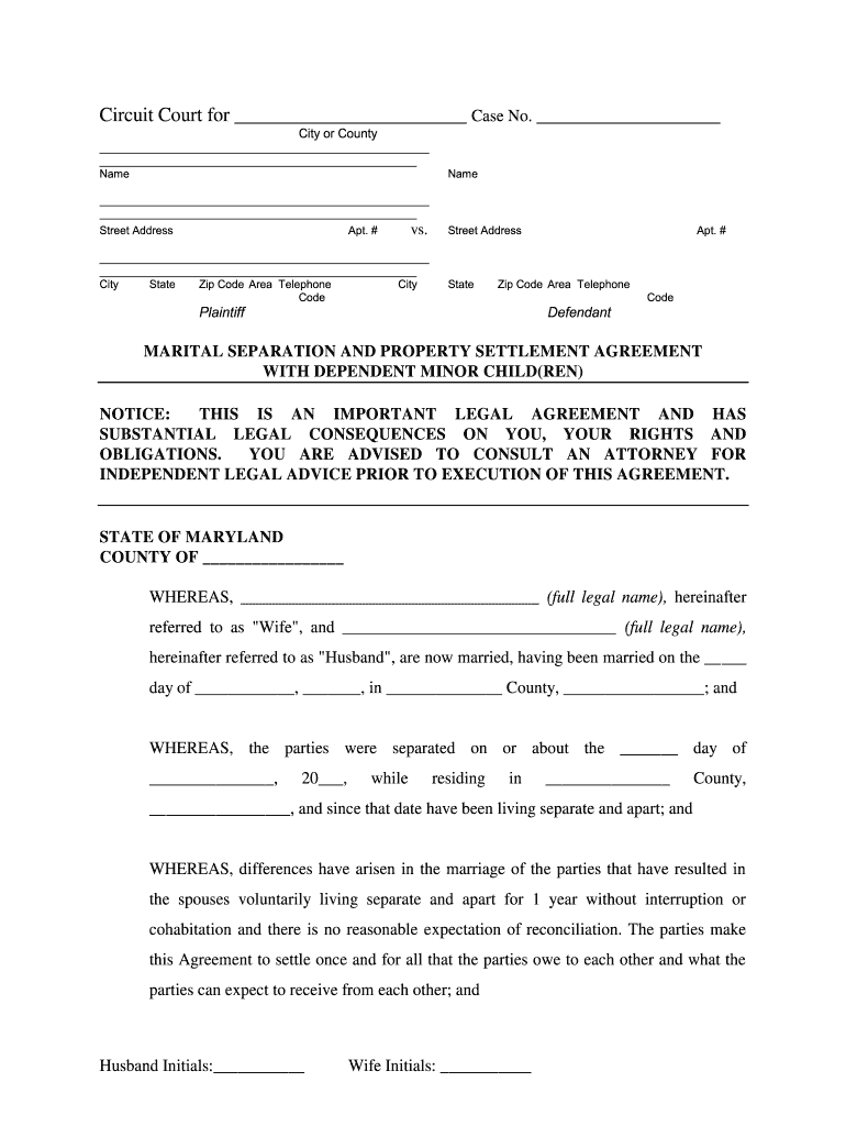 Maryland Marital Domestic Separation and Property Settlement Agreement Minor Children Parties May ha Preview on Page 1