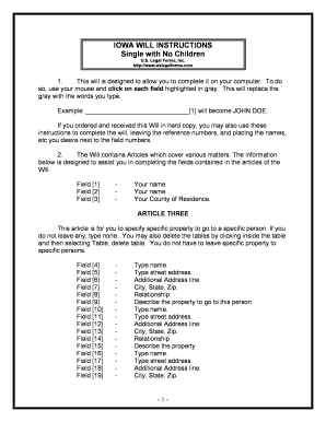 Iowa Legal Last Will and Testament Form for Single Person with No Children