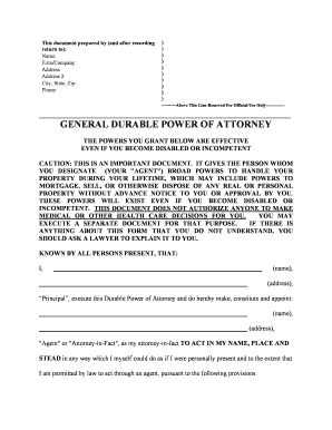 Idaho General Durable Power of Attorney for Property and Finances or Financial Effective upon Disability