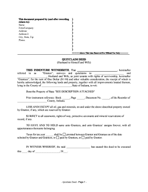 Indiana Quitclaim Deed from Husband to Himself and Wife
