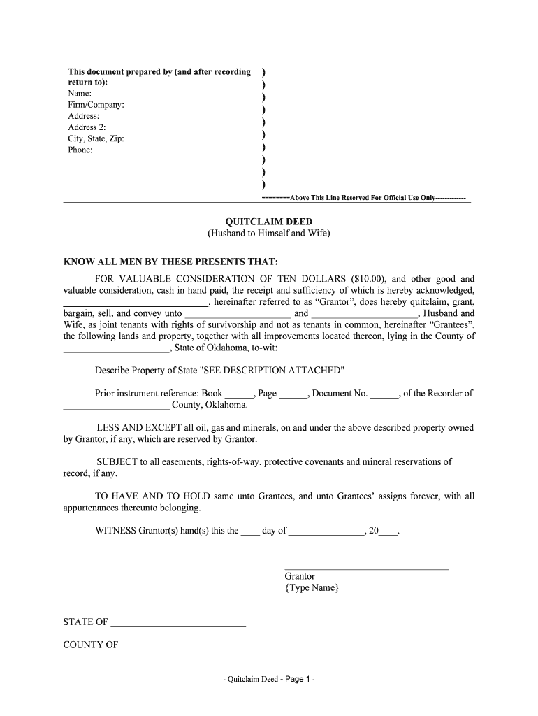 Fillable Online Oklahoma Quitclaim Deed from Husband to Himself and Wife Fax Email Print - pdfFiller