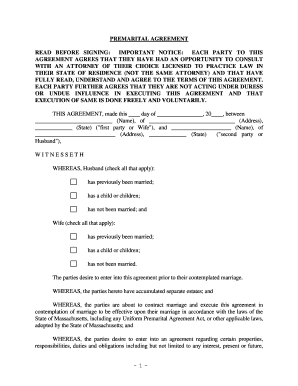 Massachusetts Massachusetts Prenuptial Premarital Agreement with Financial Statements