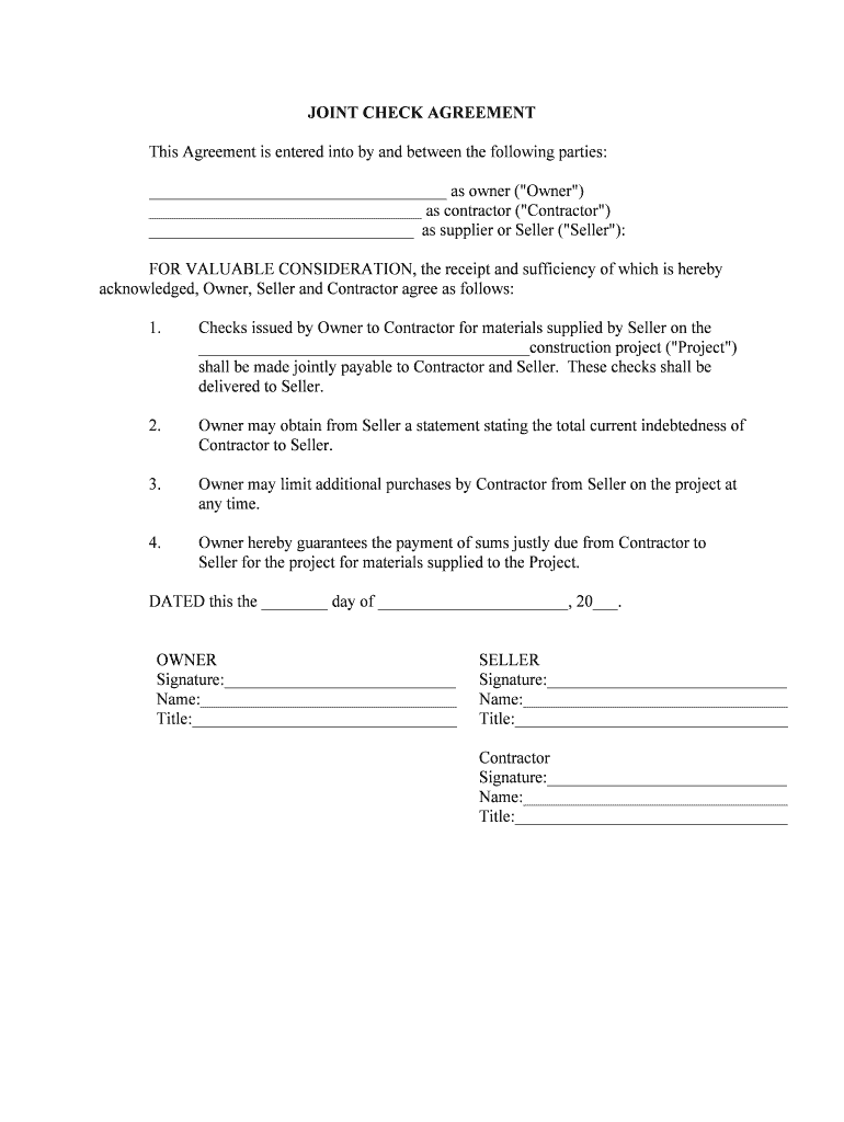 Joint Check - Fill Online, Printable, Fillable, Blank  pdfFiller Within joint check agreement template