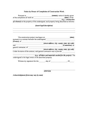 Notice by Owner of Completion of Construction Work