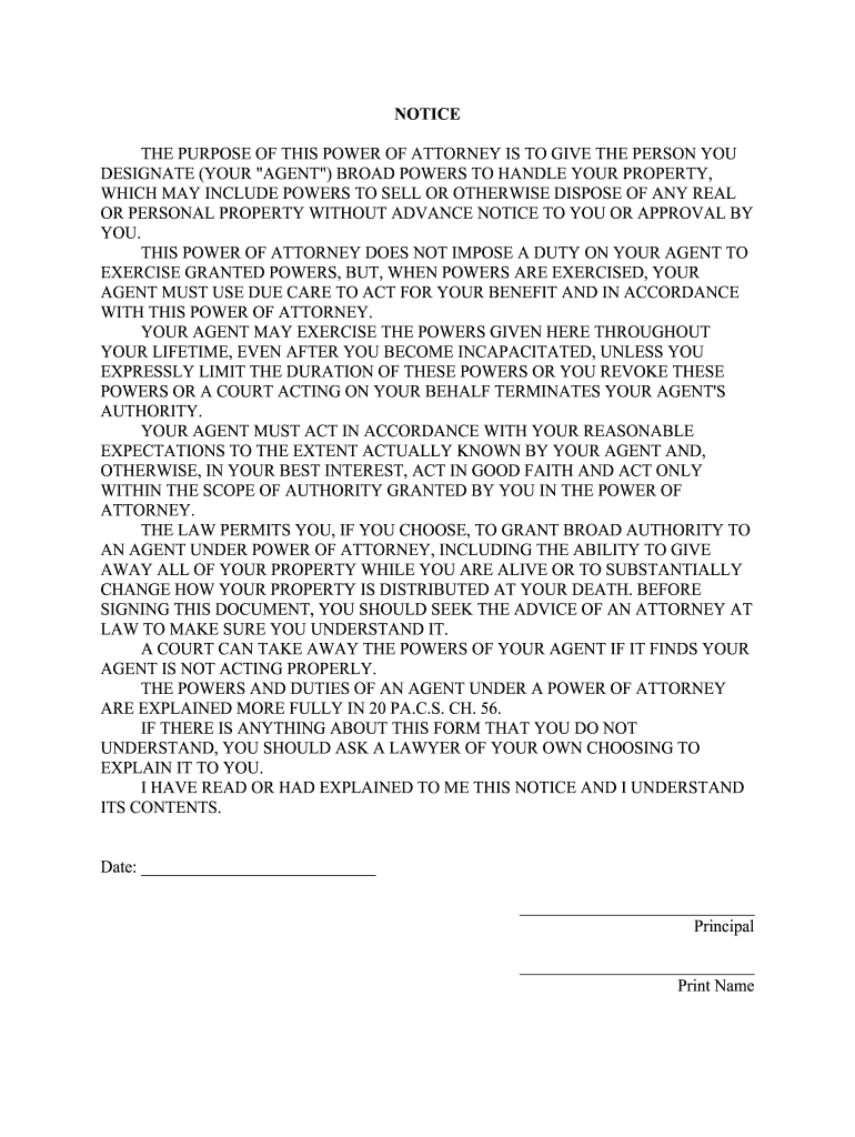 Pennsylvania General Power of Attorney for Care and