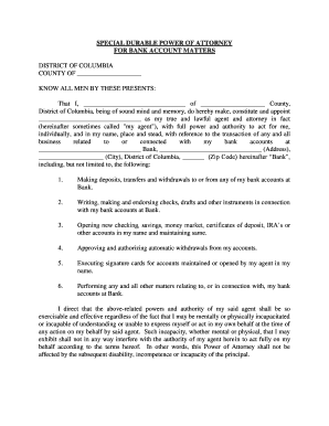 District of Columbia Special Durable Power of Attorney for Bank Account Matters