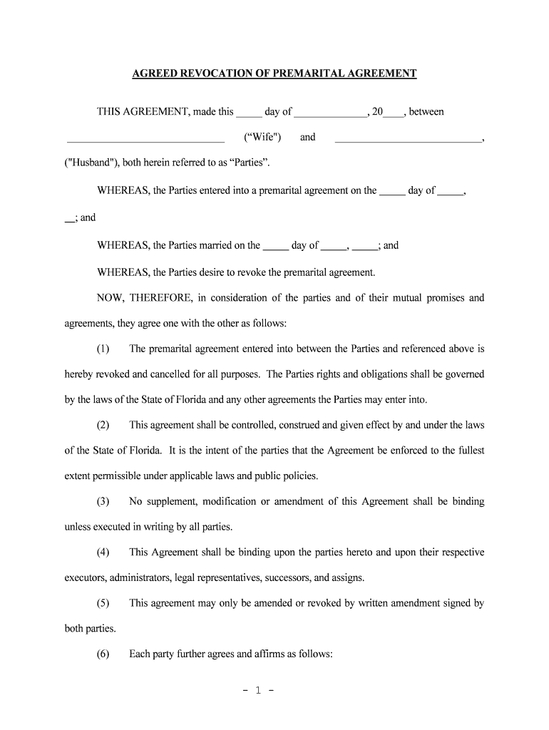 Florida Revocation of Premarital or Prenuptial Agreement Preview on Page 1
