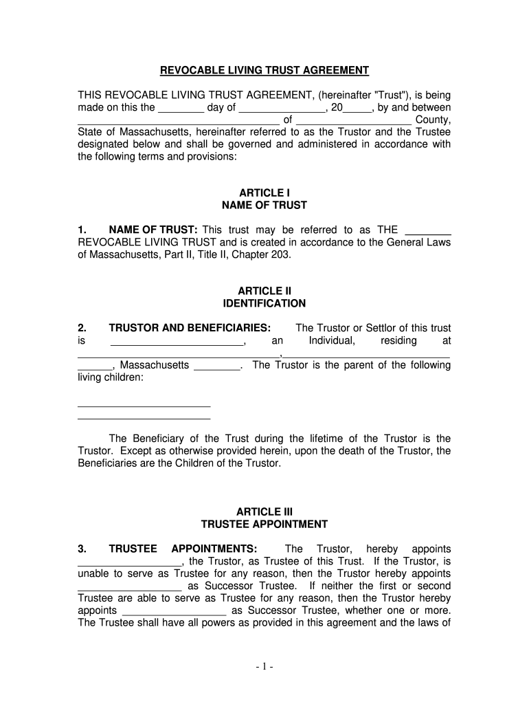 Massachusetts Living Trust for Individual Who is Single, Divorced or Widow (or Widower) with Childre Preview on Page 1