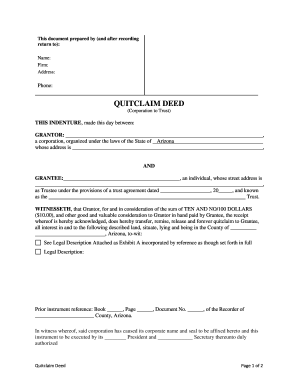 Arizona Quitclaim Deed from Corporation to a Trust