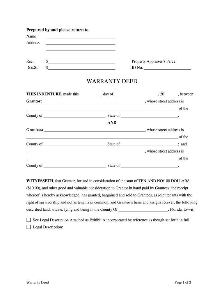 Fillable Online Florida Warranty Deed One Individual to Two