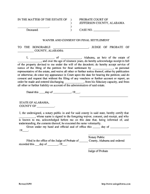 Alabama Waiver and Consent on Final Settlement