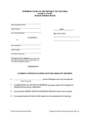 District of Columbia Consent Answer to Complaint for Absolute Divorce