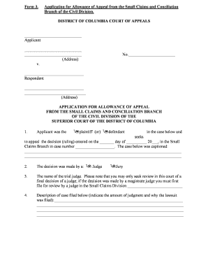 District of Columbia Application for Allowance of Appeal from the Small Claims and Conciliation Branch of the Civil Division