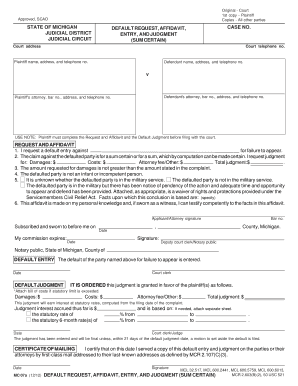 Michigan Default Request - Affidavit Entry and Judgment - Sum Certain