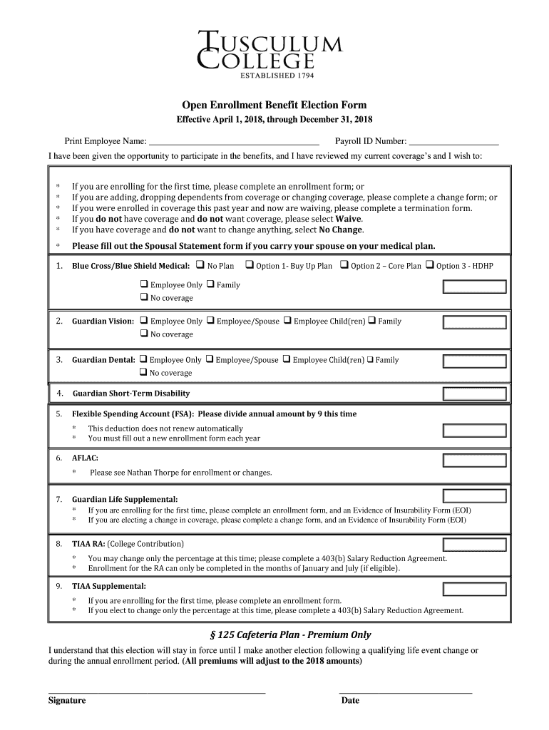 Fillable Online www3 tusculum Health Benefits Plan Enrollment for