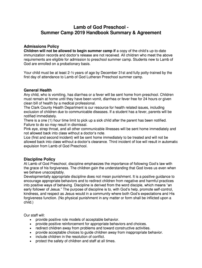 Fillable Online Lamb of God Preschool Summer Camp 2019 Handbook