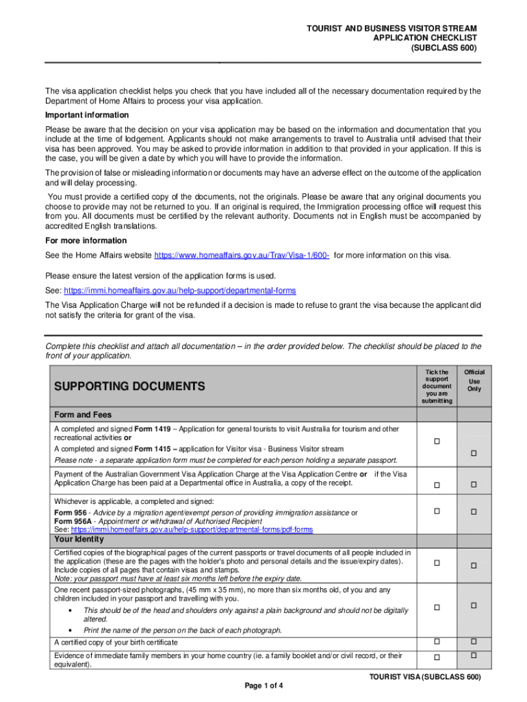2019 2024 Form AU Visitor Visa Subclass 600 Tourist Stream Application Document Checklist Fill