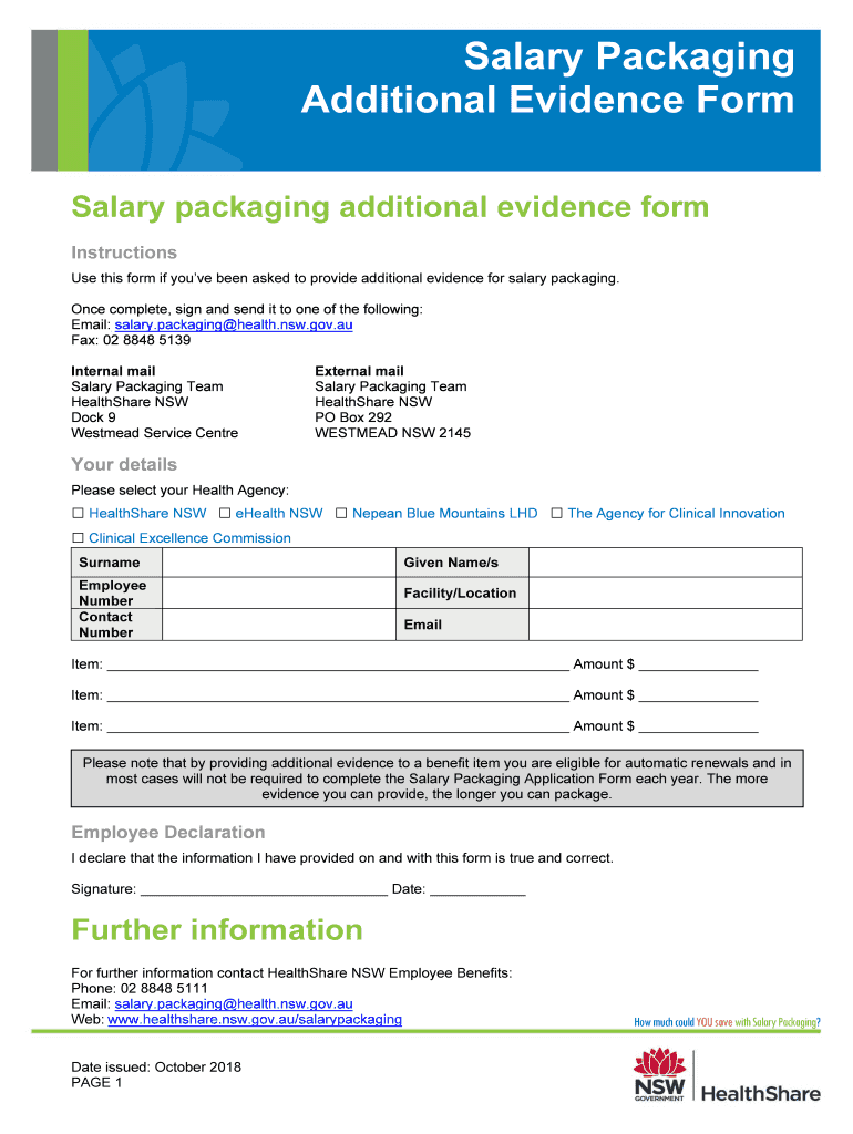 Fillable Online Salary Packaging Additional Evidence Form HealthShare