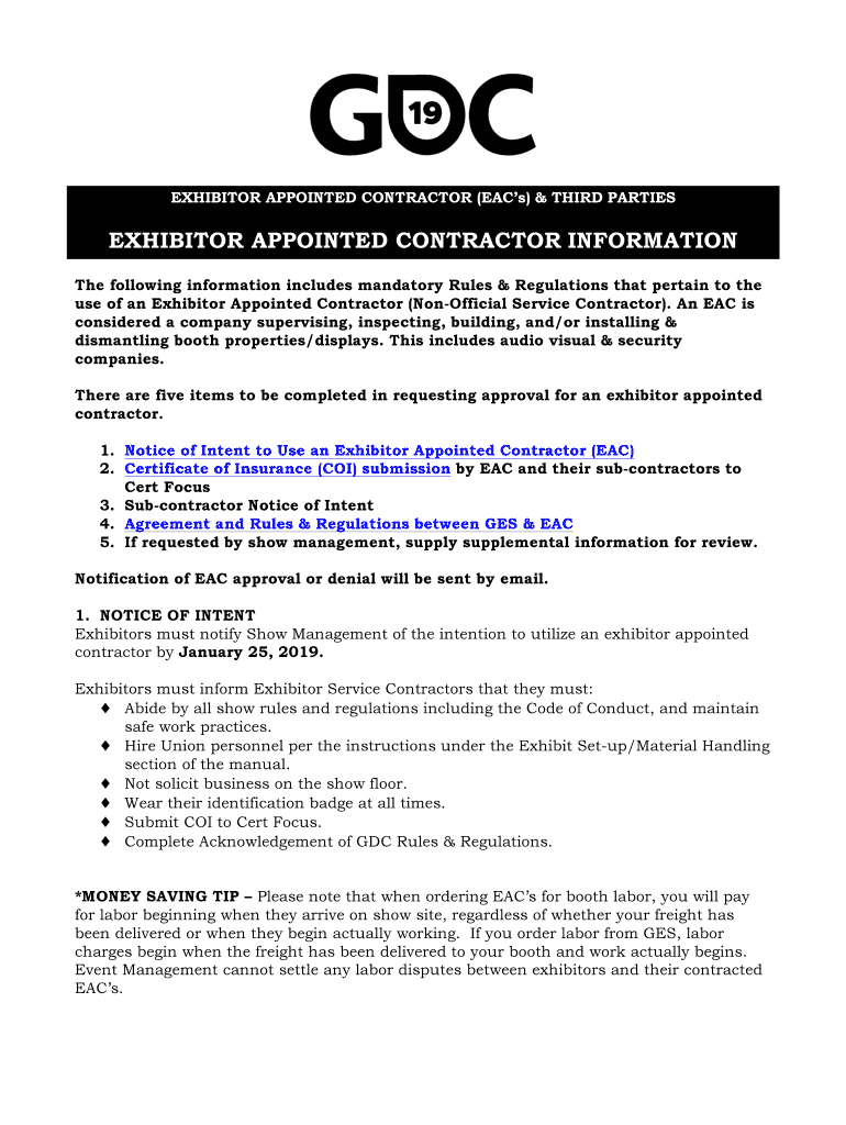 Fillable Online GDC Exhibitor Appointed contractor Information and