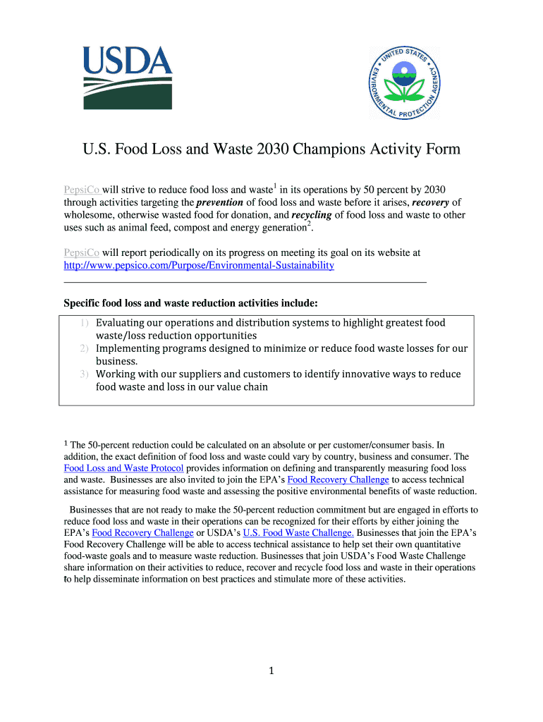 Fillable Online US Food Loss and Waste 2030 Champions Activity Form