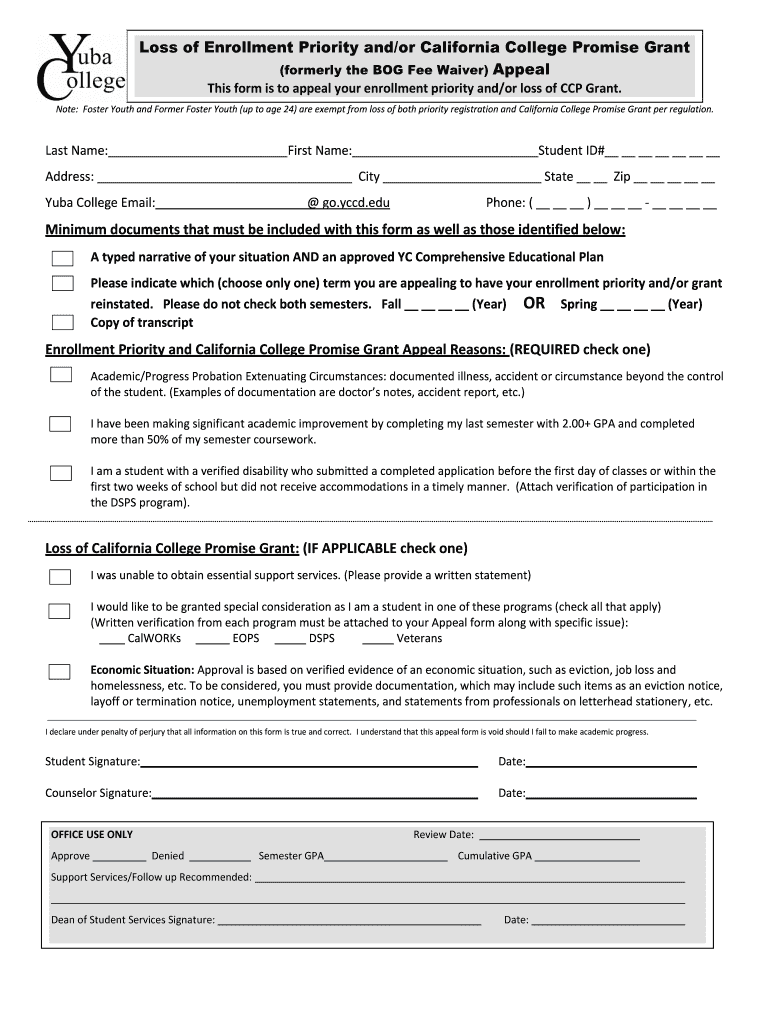 Fillable Online Loss of Enrollment Priority and California College