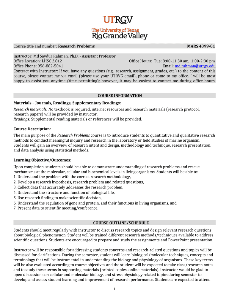 Fillable Online UTRGV COURSE SYLLABUS TEMPLATE Fax Email Print pdfFiller
