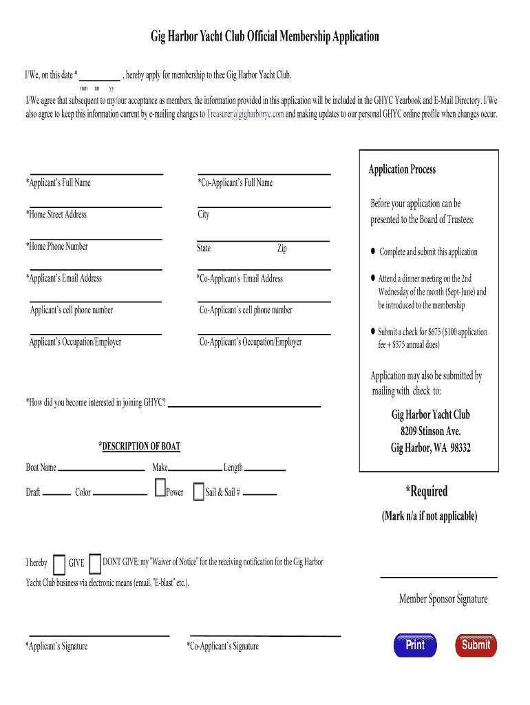 Fillable Online Gig Harbor Yacht Club Official Member Aplication.pub