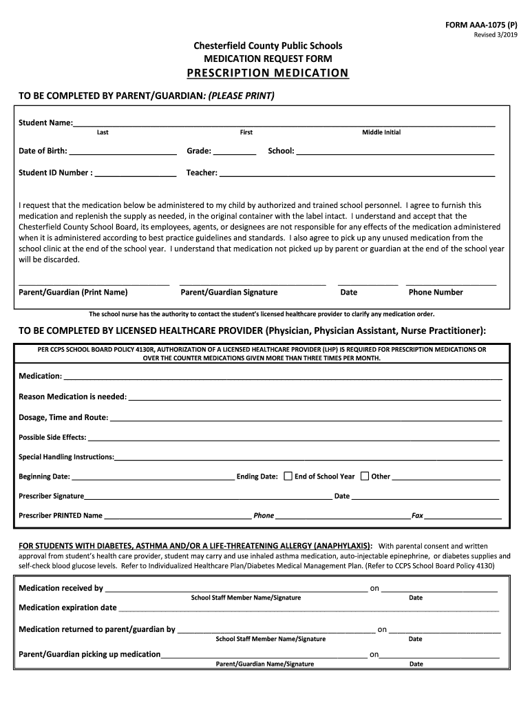 chesterfield county public schools medication form Preview on Page 1