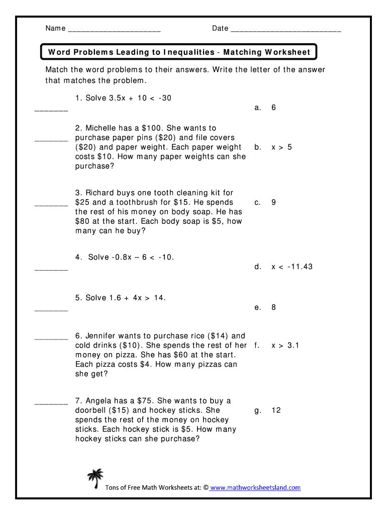 Inequality Word Problems Worksheet
