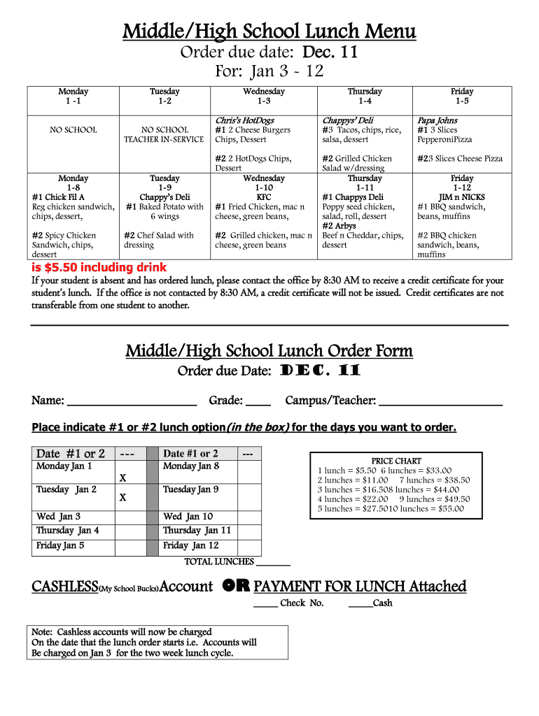 Fillable Online Middle/High School Lunch Menu - Montgomery Catholic