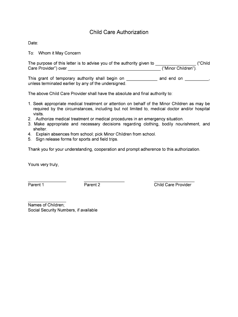 Child Care Authorization Form Fill Online Printable Fillable Blank 