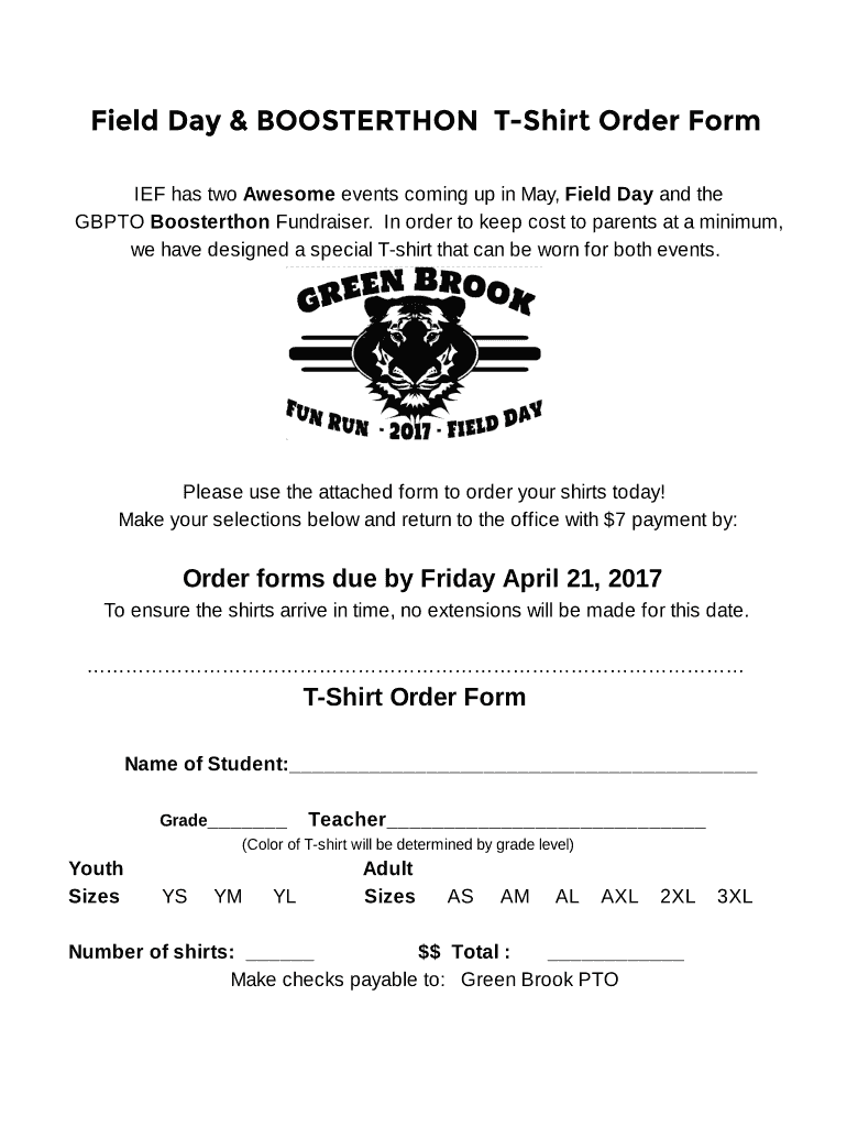 Fillable Online Field Day &amp; BOOSTERTHON T-Shirt Order Form - gbtps Fax ...