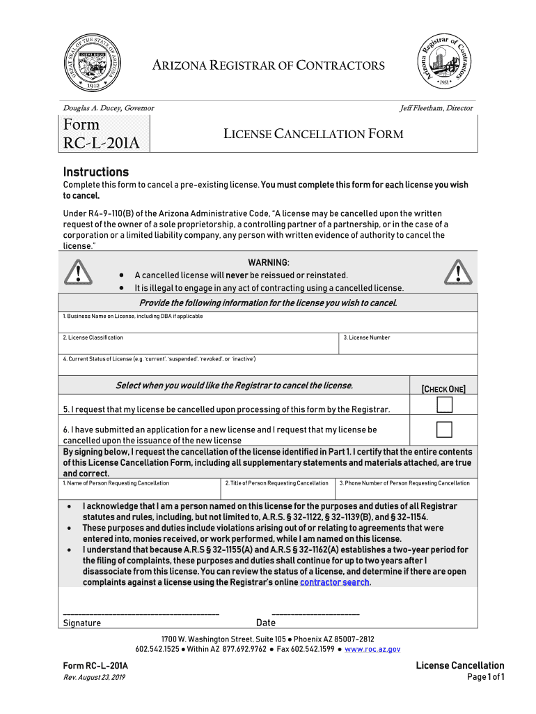 Fillable Online License Cancellation Form - Arizona Registrar of ...