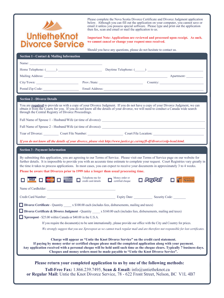 Fillable Online NovaScotiaDivorceCertificateApplication Fax Email