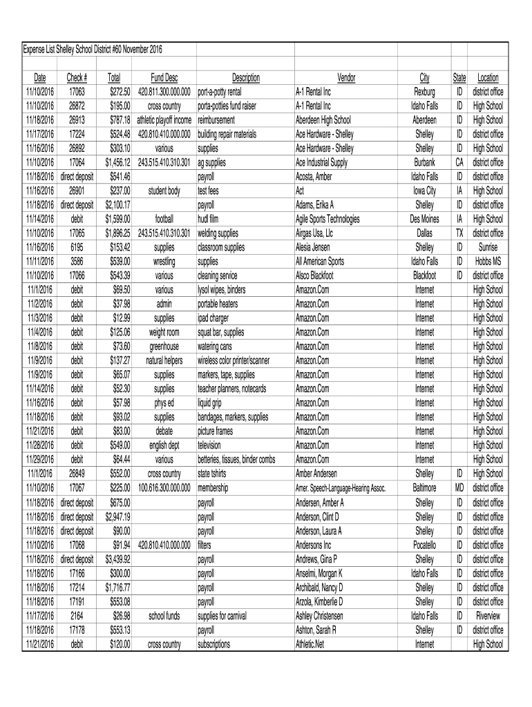 Fillable Online Expense List Shelley School District 60 November 2016
